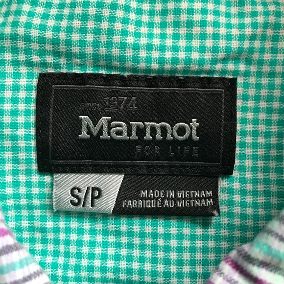 Marmot Plaid Button Up Long Sleeve Shirt Size Small Teal Nylon Outdoor Hiking - Picture 10 of 16